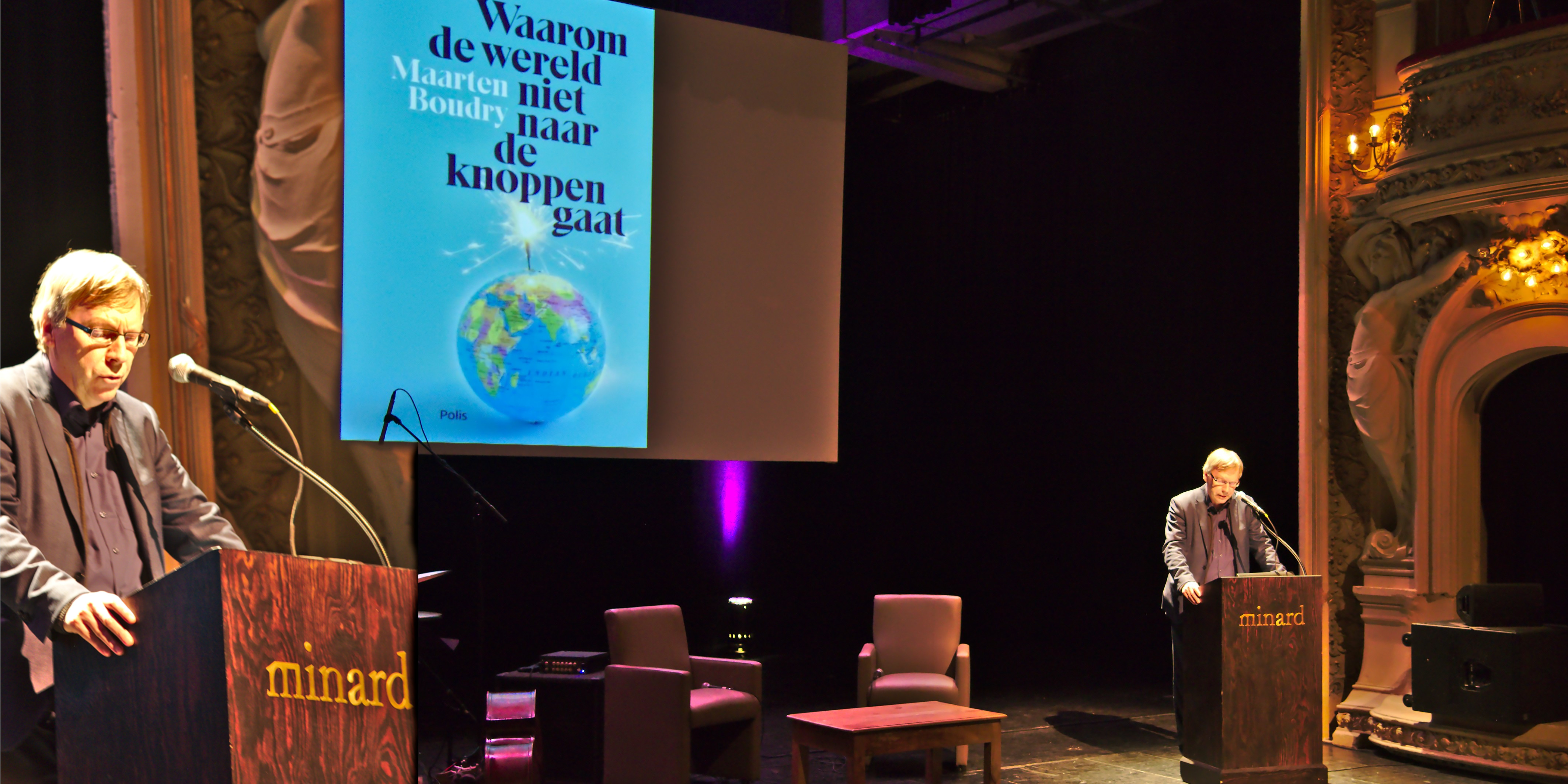 Dirk Verhofstadt stelt het nieuw boek van Maarten Boudry, waarom de wereld niet naar de knoppen gaat, voor. (Foto: Jozef Van Giel)