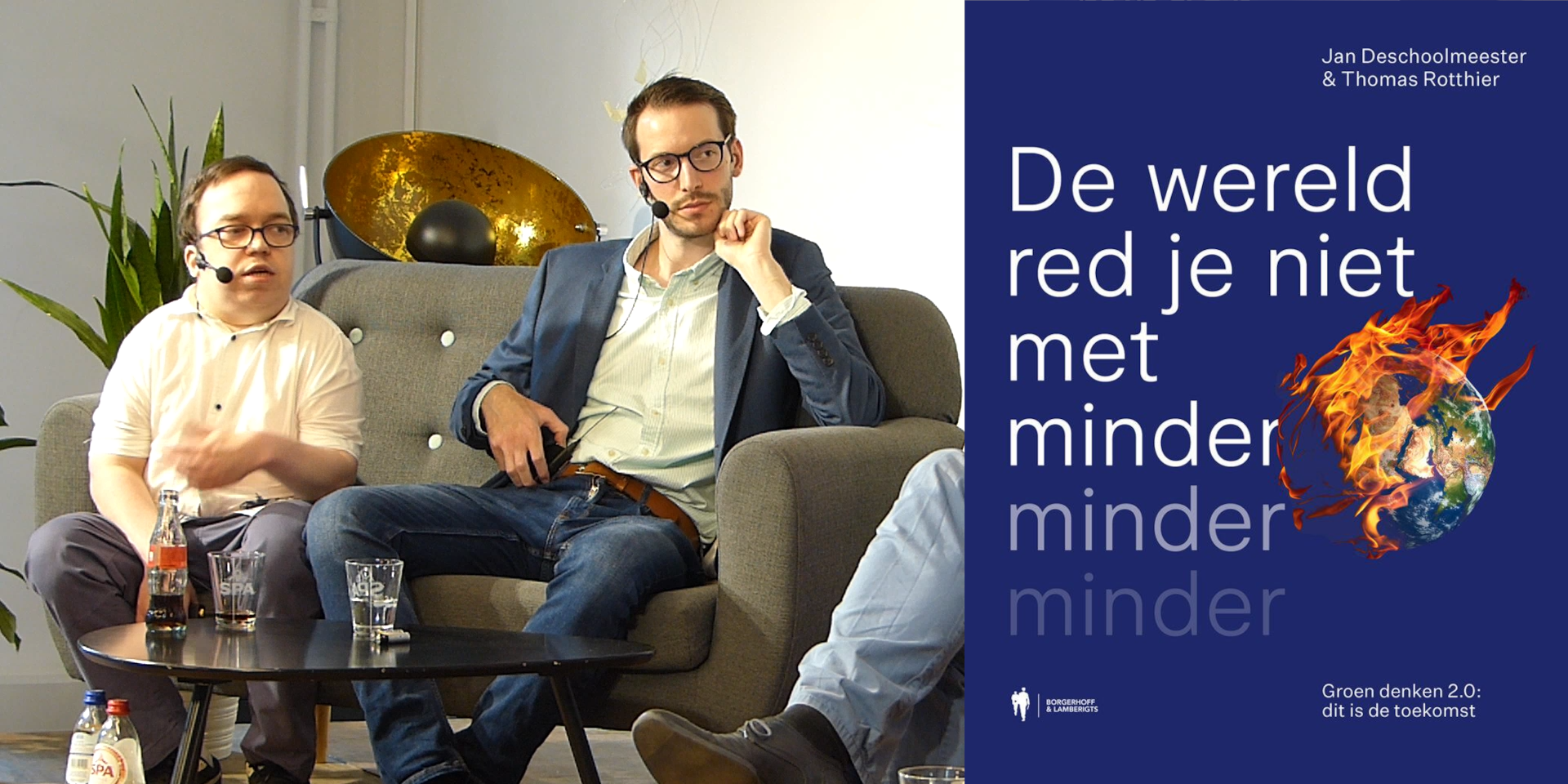 Thomas Rothier en Jan Deschoolmeester bij de boekvoorstelling van hun boek "De wereld red je niet met minder minder minder" (Foto; J. Van GIel)